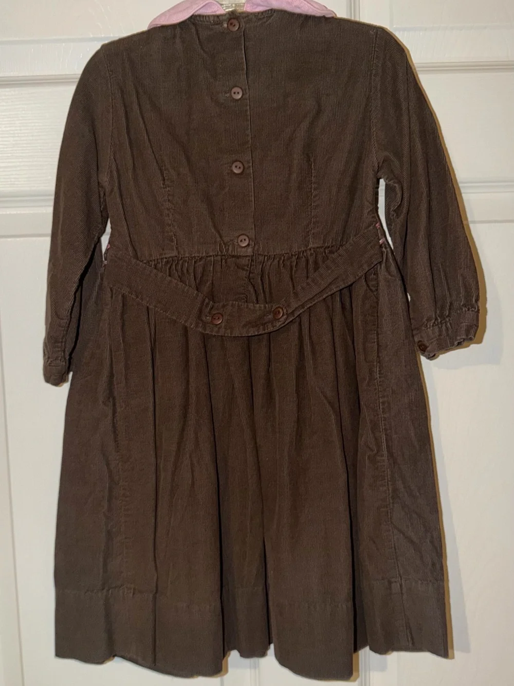 ANAVINI Girls Size 4 Hand Smocked Brown Corduroy Pink Collar Dress
